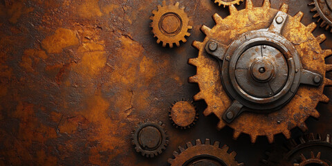 Old gears and cogs. Rusted metal background in the steam punk style.