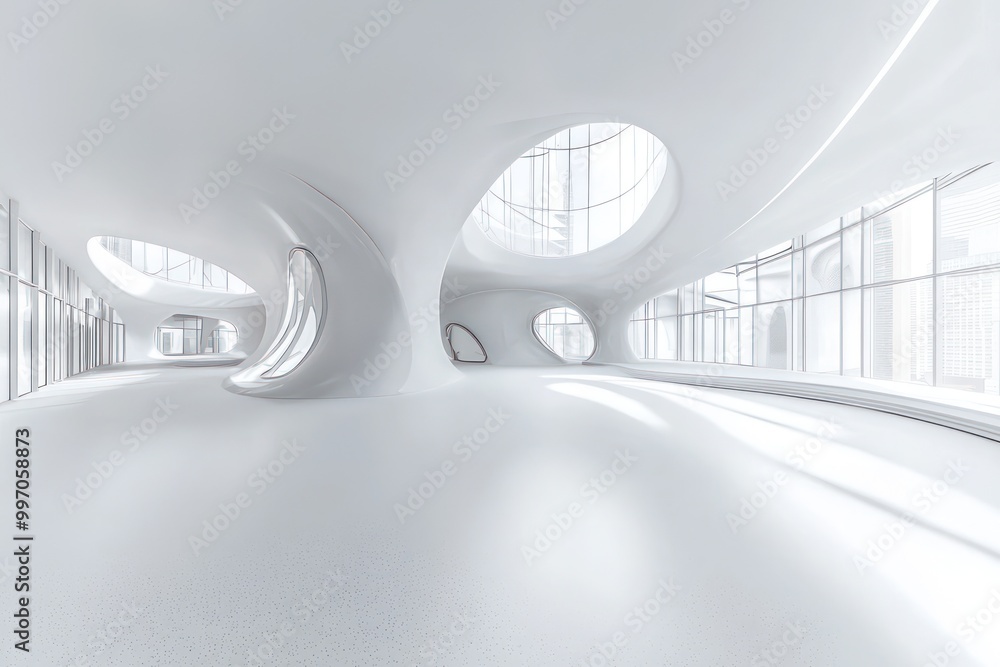 Futuristic interior of a white building rendered in a 360 degree VR ...