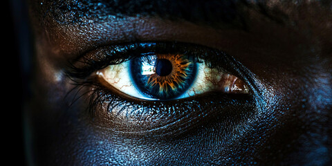 A close up of a person's eye with a blue iris and a brown eyelash