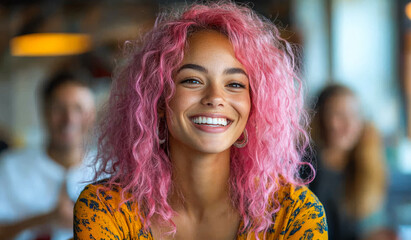 Poster - A woman with pink hair is smiling and wearing a yellow dress. She is surrounded by other people in the background