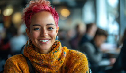 Poster - A woman with pink hair is smiling and wearing a yellow sweater. She is surrounded by other people in a restaurant