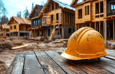 A construction worker's hard hat is on a wooden table. The hat is dirty and the table is made of wood. The scene is of a construction site