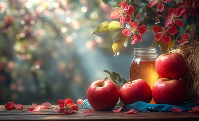 Wall Mural - A jar of honey is on a table with four apples. The apples are red and the jar is clear. The scene is set in a garden with a view of the sky