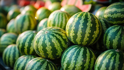 A pile of watermelons are stacked on top of each other. The watermelons are green and red in color