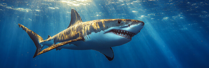 A shark is swimming in the ocean. The shark is large and has a menacing look on its face. The water is clear and blue, and the sunlight is shining on the shark, making it look even more menacing