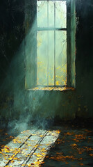 Canvas Print - Sunlight streams through a window in an abandoned room.