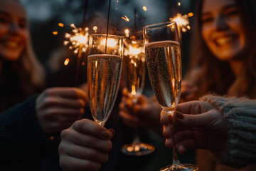 Closeup of people's hands holding fireworks and champagne glasses, celebrating the arrival of the new year, New Year's Eve party