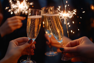 Closeup of people's hands holding fireworks and champagne glasses, celebrating the arrival of the new year, New Year's Eve party