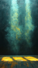 Canvas Print - Mysterious teal and yellow smoke fills the air, illuminating the wooden floor.