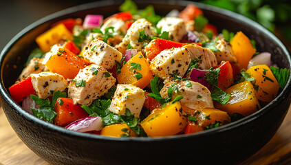 A black bowl filled with a colorful salad of vegetables and chicken. The bowl is placed on a wooden table