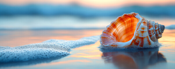 Wall Mural - A large shell is laying on the beach, with the ocean in the background. The shell is orange and white, and it is a rare find. The scene is serene and peaceful