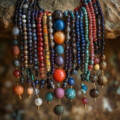 A collection of colorful beaded necklaces with various textures and styles.