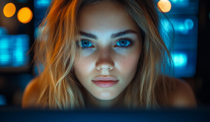 Poster - A woman with long blonde hair is looking at a computer screen. The image has a moody and somewhat mysterious feel to it, as if the woman is peering into a dark and unknown world