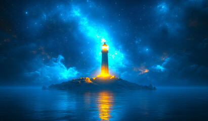 A lighthouse is lit up in the night sky. The sky is filled with stars and the water is calm. The lighthouse is surrounded by a rocky island. The scene is peaceful and serene