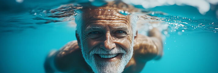 An elderly Caucasian man is swimming with enjoyment in the sea.