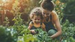 © Brynjar - A mother and child joyfully gardening together, surrounded by lush green plants in a warm, sunny atmosphere.