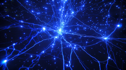 abstract neural network with glowing blue connections on dark background