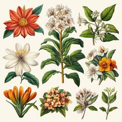 Canvas Print - A collection of nine vintage botanical illustrations featuring various flowers, leaves, and stems.