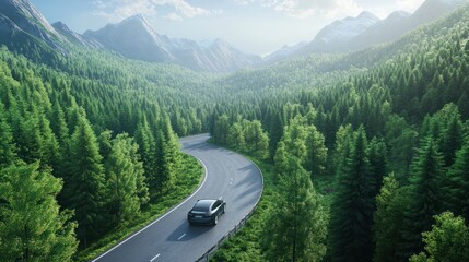 ev (electric vehicle) electric car is driving on a winding road that runs through a verdant forest a