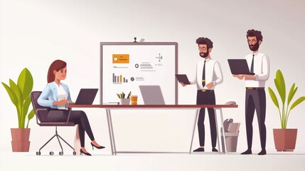 Wall Mural - Flat design showing a business presentation on a whiteboard with a group of workers.