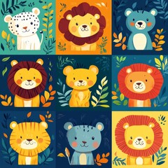 Poster - A colorful illustration of various cute animal faces in a grid layout.