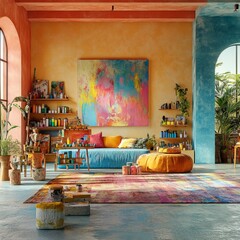 Poster - A colorful living room with a large abstract painting, a blue couch, and a colorful rug.