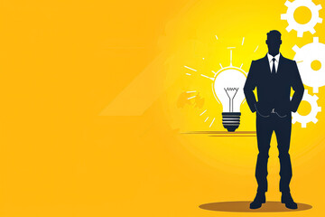 Wall Mural - Man is standing in front of a yellow background with a light bulb on it. The background has a lot of gears and the man is wearing a suit. idea coming concept