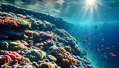 Stunning underwater panorama of a vibrant coral reef teeming with colorful fish species and diverse marine life