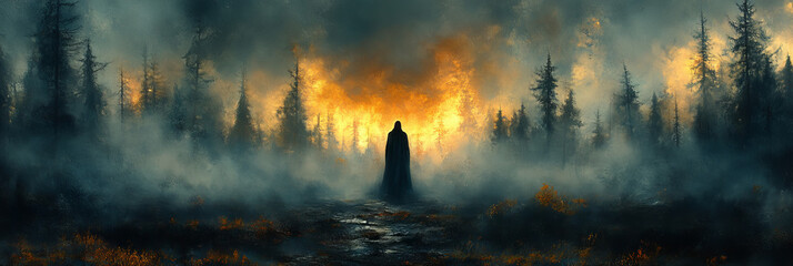 Sticker - A mysterious figure stands in a foggy forest, with a fiery glow in the distance.