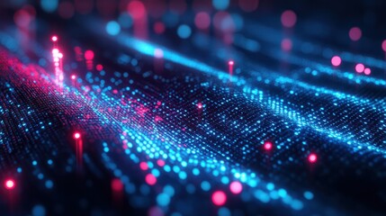 Pixelated digital data stream with binary code encryption concept and glowing red and blue dots.