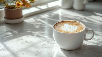 Sticker - A cup of latte art coffee on a white marble countertop with light streaming through a window.