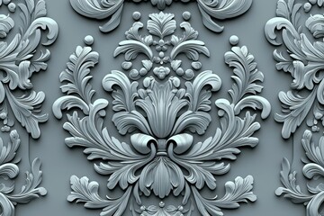 Wall Mural - Art nouveau floral leafy 3d embossed pattern. Modern embossed blue background. Repeat embossed plants backdrop. Surface relief 3D flowers leaves textured ornament in old nouveau style.