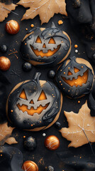 Wall Mural - Spooky Halloween pumpkin cookies with black frosting and glowing eyes.