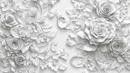 The embossed background of flowers and leaves displays an intricate, tactile texture and visual interest. Flowers and leaves are carved in relief.