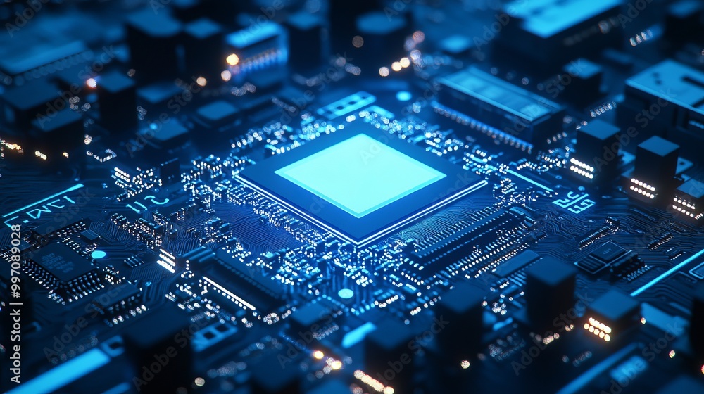 Blue light streams around a glowing AI chip set against a circuit board ...