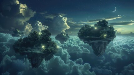 A surreal landscape of floating islands, glowing softly against a dark sky