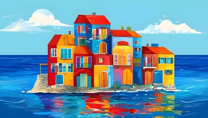 Vibrant coastal village under a bright blue sky during summer with colorful houses lining the shore