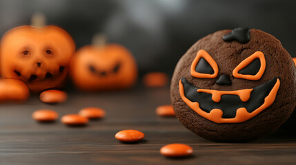 Wall Mural - A spooky Halloween treat: a chocolate cookie decorated as a jack-o'-lantern.