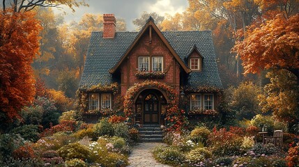 Wall Mural - Charming Brick Cottage in Autumnal Garden