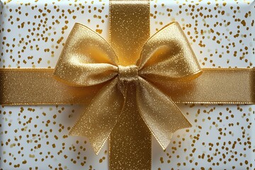 A beautifully wrapped gift box adorned with a luxurious gold ribbon and bow, set against a white background with gold polka dot patterns.