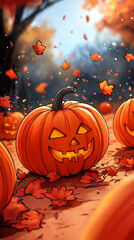 Poster - A carved pumpkin smiles in a field of fallen leaves.