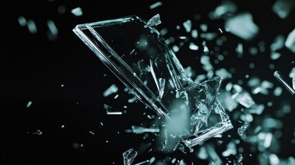 Super slow motion macro of window crystal glass panel is broken shattering in explosion with flying pieces isolated on black background at 1000 fps.