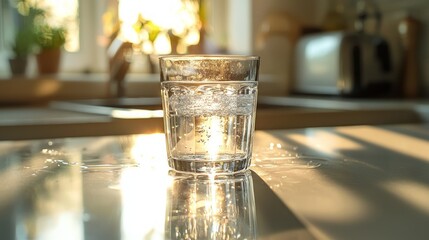 A glass of water with sunlight reflecting on a kitchen counter.