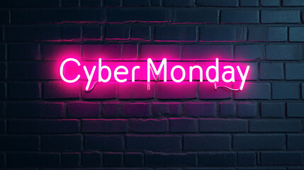 Neon sign with the text Cyber Monday on a black brick wall, Cyber Monday, Shopping from home, Cyber Monday banner, Sales, Cyber offers, E commerce