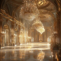 A grand ballroom with ornate gold decor, sparkling chandeliers, and a sunlit floor.