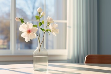 Wall Mural - Fresh white flowers in a glass vase on a table with sunlight streaming through a window