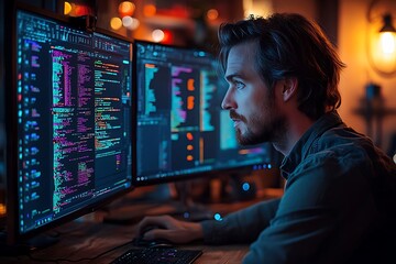 Focused Programmer Working on Code at Night