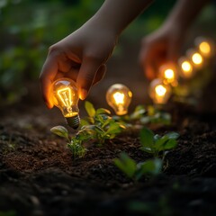 Canvas Print - A hand plants a glowing light bulb in the soil next to a young plant, symbolizing growth and innovation.