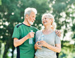 © Lumos sp - outdoor senior fitness woman man cheerful laughing smiling active sport exercise healthy fit runner couple running jogging elderly mature water bottle drink thirsty