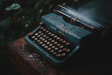 Rusted vintage typewriter on a wooden desk outdoors covered in dew